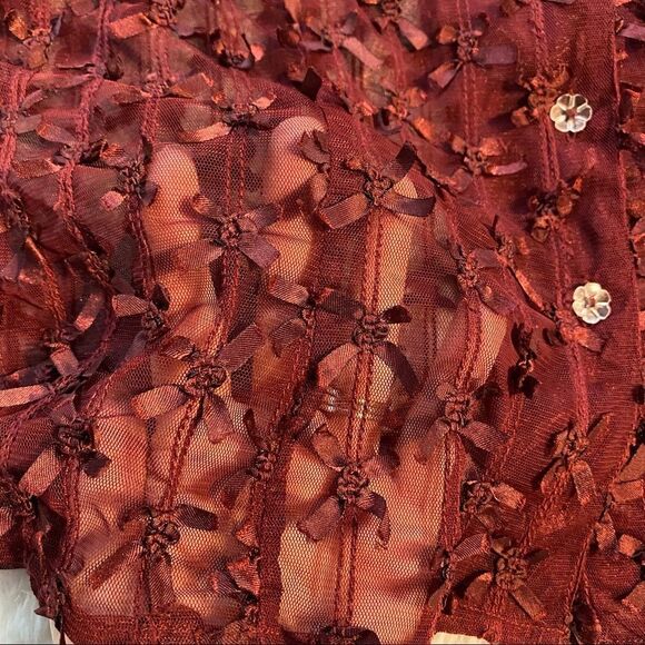 Kenar Wine Colored Ribboned Semi Sheer Blouse, Size 10. - Picture 7 of 10